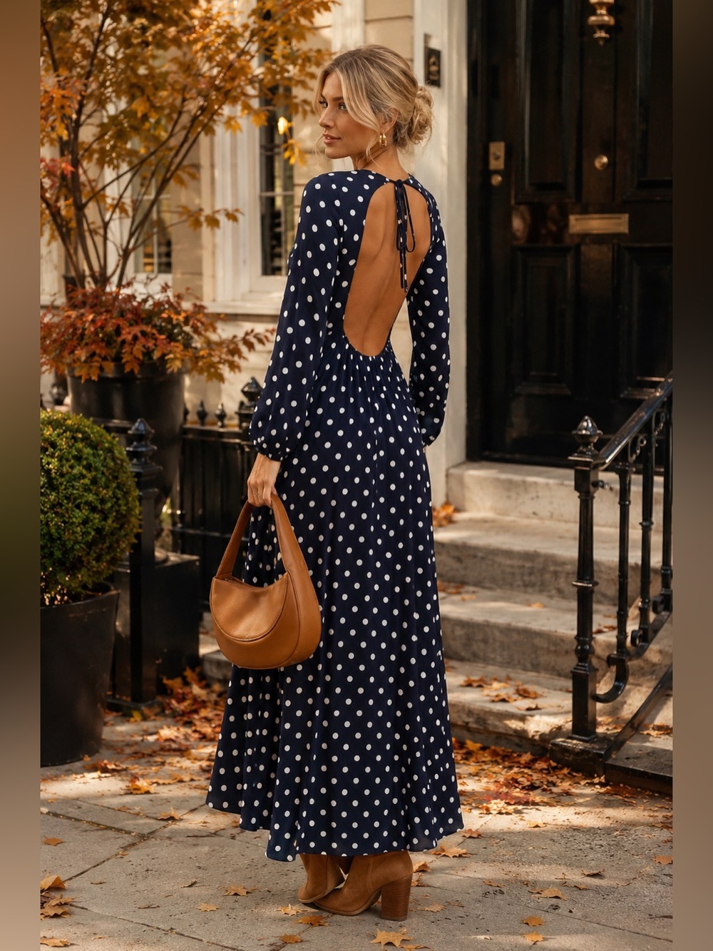 & Other Stories Paris Atelier Navy Polka Dot Open Back Maxi Dress Size 2